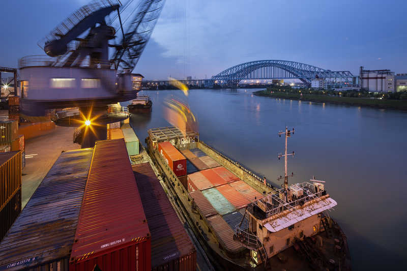 Container barge on the Dongping waterway in Nanhai, Foshan.