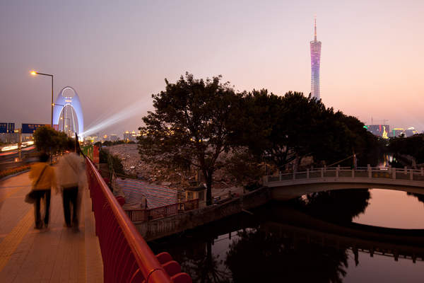 A recently-demolished portion of old Liedecun village is illuminated at dusk