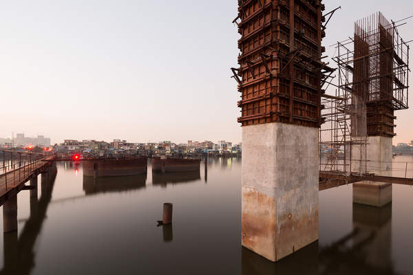 Bridge construction over the Pearl River near the Huangpu Ancient Port in Haizhu District