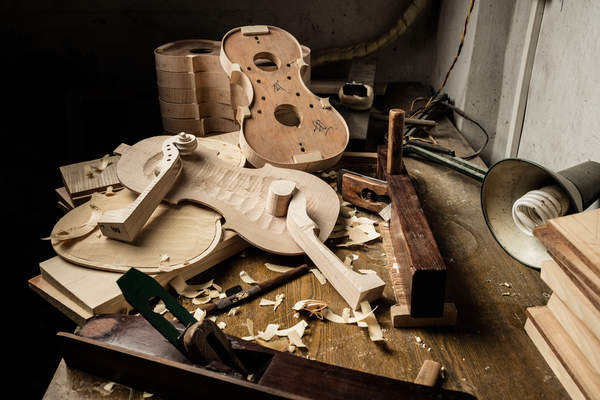 Violin parts and tools at the workshop of Ming-Jiang Zhu