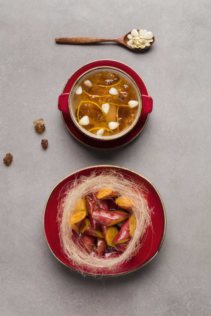 Deserts - candied sweet potatoes and peach resin soup.