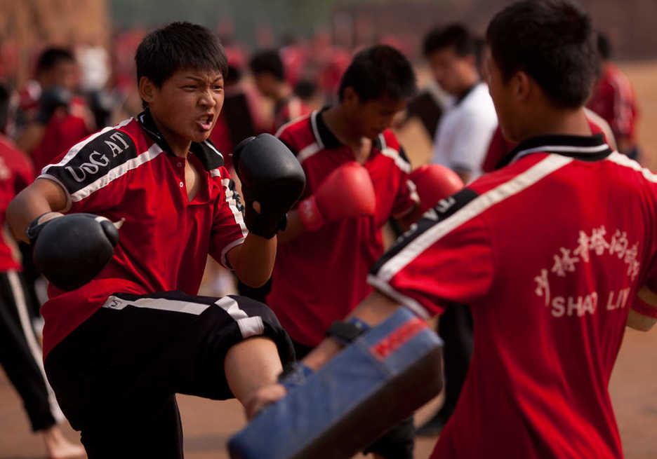 Kung fu students training at Shaolin Si in Dengfeng, Henan province, China
