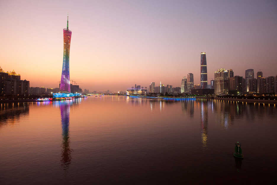 The Zhujiang river and Tianhe skyline are seen at dusk in Guangzhou, China.