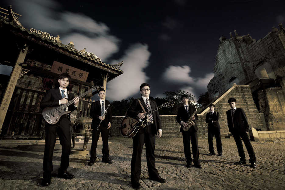 Tapestry in Sound jazz band photo near the ruins of St. Paul's in Macau