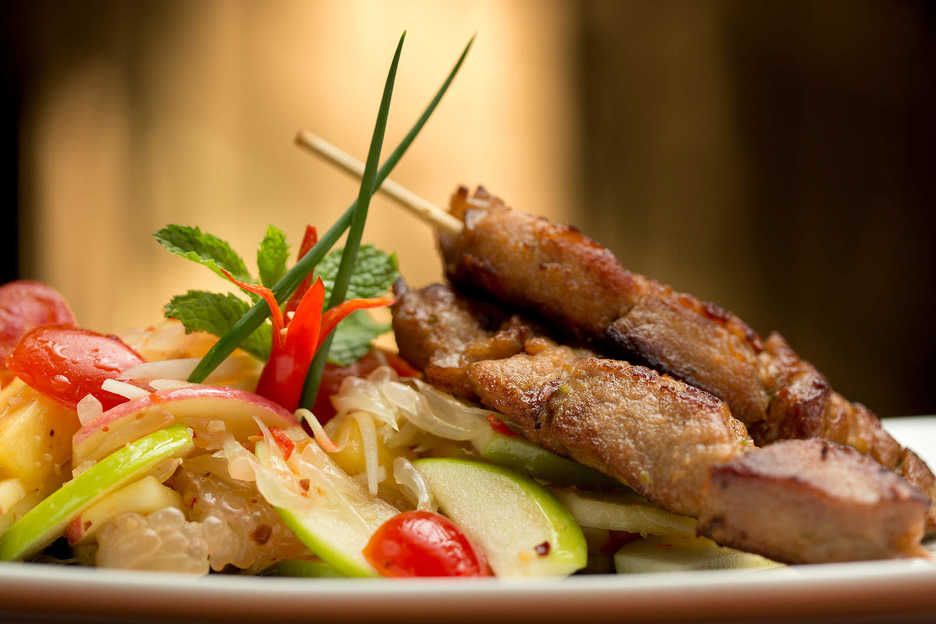 Thai Tender Pork Skewer Salad  photographed for Cafe Deco Macau