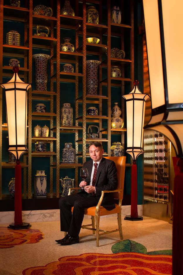 Benjamin Barraclough, wine director at Wynn Macau, poses in the Golden Flower restaurant tea room