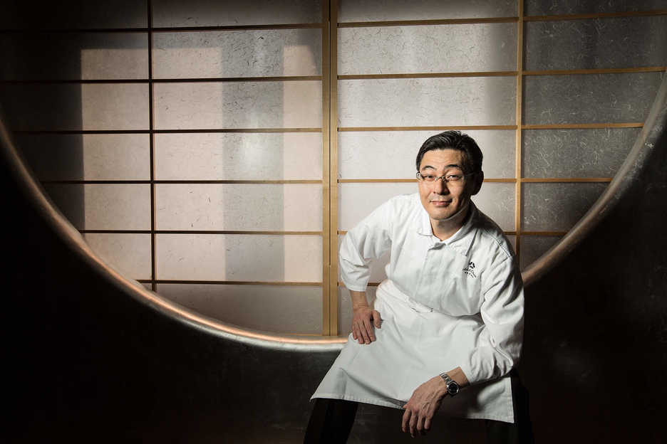 Akira Hayashi, executive chef for Japanese fine dining, poses in the Yamazato restaurant at Hotel Okura, Macau.