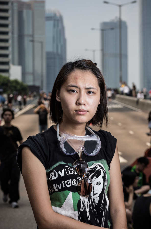 Pro-democracy protester with goggles poses in Central, Hong Kong