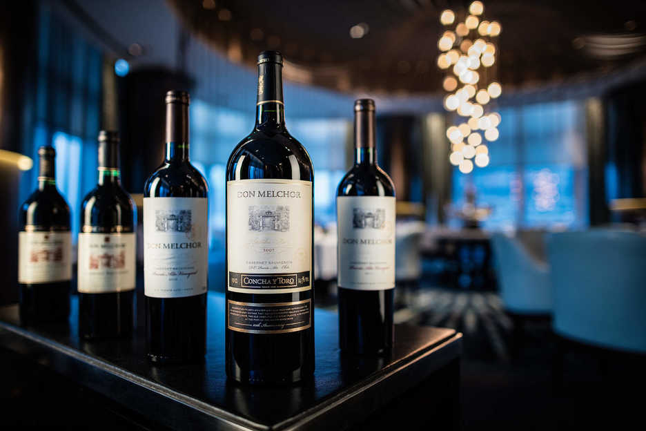 Bottles of Don Melchor Concha y Toro wine are displayed at the Tasting Room restaurant