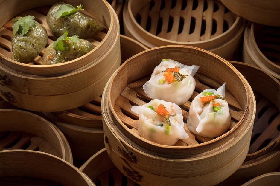 Dim sum in bamboo baskets