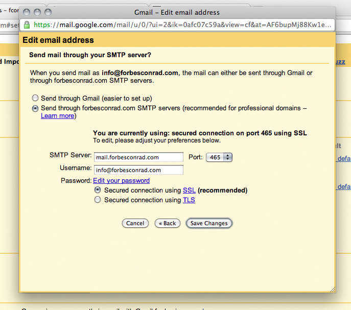 Gmail SMTP email settings dialog for Hostmonster