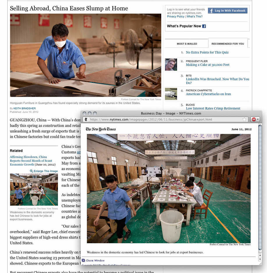 Screenshot of a New York Times article on the Chinese export economy