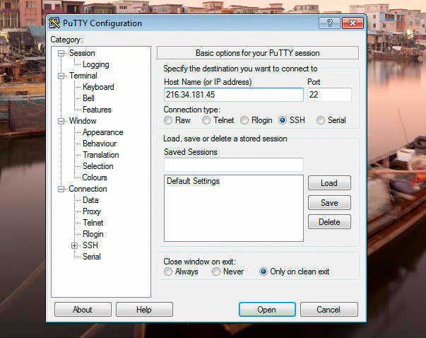 PuTTY basic session settings for SSH