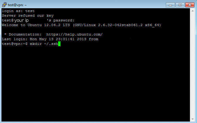 Make .ssh directory in PuTTY for public key authentication