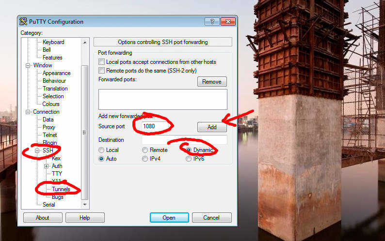 PuTTY dynamic port forwarding for SSH SOCKS tunnel