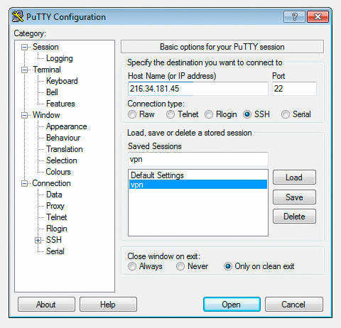 PuTTY save settings