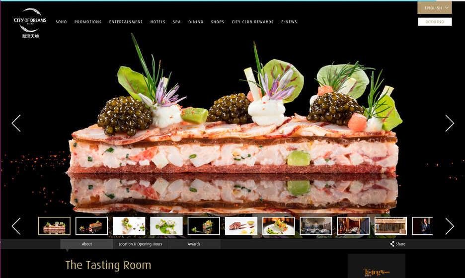 City of Dreams Tasting Room website screenshot with food photos