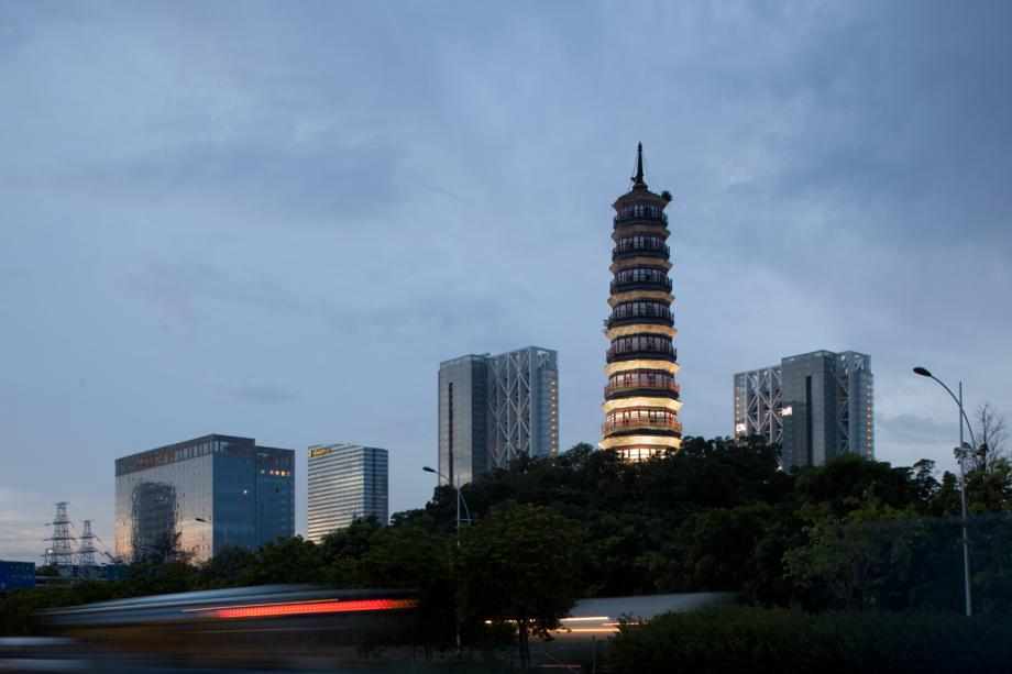 Pazhou pagoda and modern buildings near the canton fair complex in Guangzhou