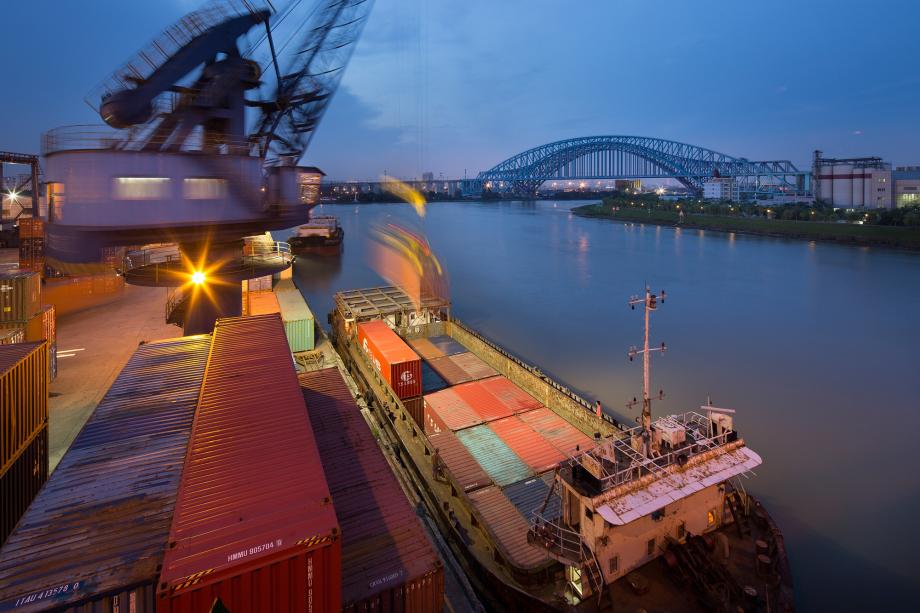 A container barge is loaded in Nanhai, Foshan, Guangdong Province, China.